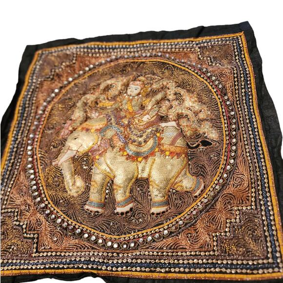 Vintage Asian Elephant Tapestry 3D Raised Handcraft Embroidered Sequins Art 21" - Picture 7 of 16